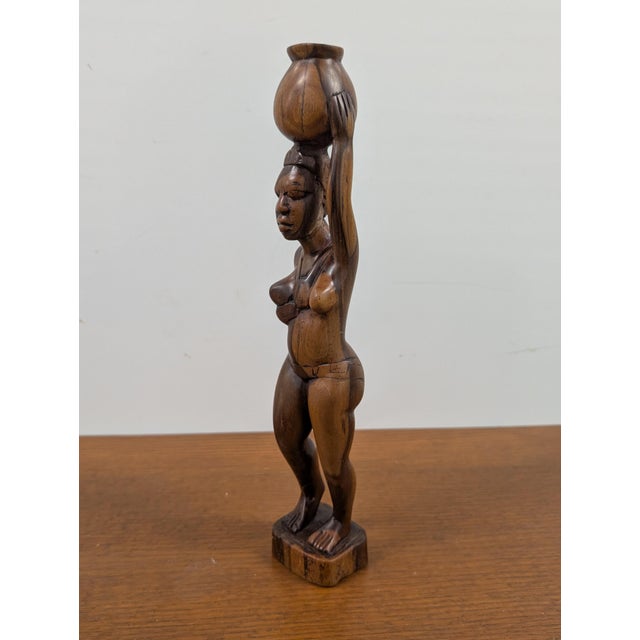 Vintage African Wood Carving: Woman Balancing Water Jug For Sale - Image 4 of 5