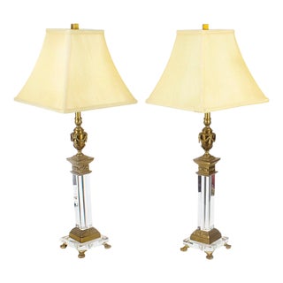 Corinthian Column Ormolu & Glass Table Lamps, Mid-20th Century, Set of 2 For Sale