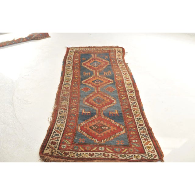 1930s 1930s Nomadic Blue, Terracotta, Red and Camel Runner Rug , 3.2 x 8.9 For Sale - Image 5 of 11