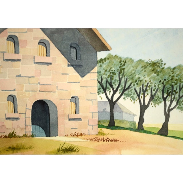 1970s "Stone Barn on the Hilltop" Landscape Watercolor Painting by Gretchen Guard, Framed For Sale In Monterey, CA - Image 6 of 9