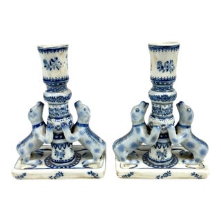 Late 20th Century Pair of Blue and White Dog Candlestick Holders For Sale
