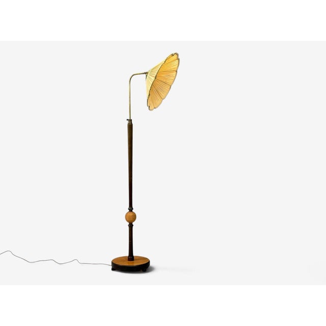 Swedish Art Deco, Adjustable Floor Lamp, Birch, Brass, Fabric, Sweden, 1930s For Sale - Image 4 of 12