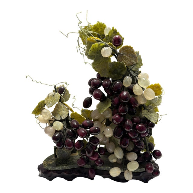 Vintage Chinoiserie Asian Hardstone Grape Vine Sculpture on Carved Wood Base Statement Sculpture For Sale