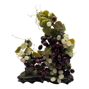 Vintage Chinoiserie Asian Hardstone Grape Vine Sculpture on Carved Wood Base Statement Sculpture