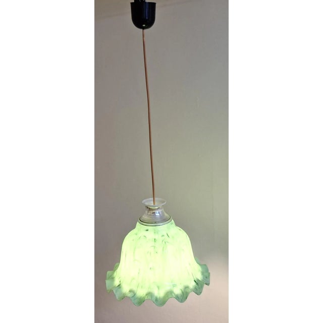 Vintage Ceiling Lamp with Wavy Green Grained Plastic Shade on a Chrome-Plated Plastic Mount, 1970s For Sale - Image 3 of 7