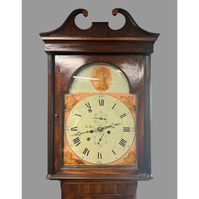 Wood Antique English Tall Case Inlay Grandfather Clock Hand Painted Dial Face Irvine For Sale - Image 7 of 12
