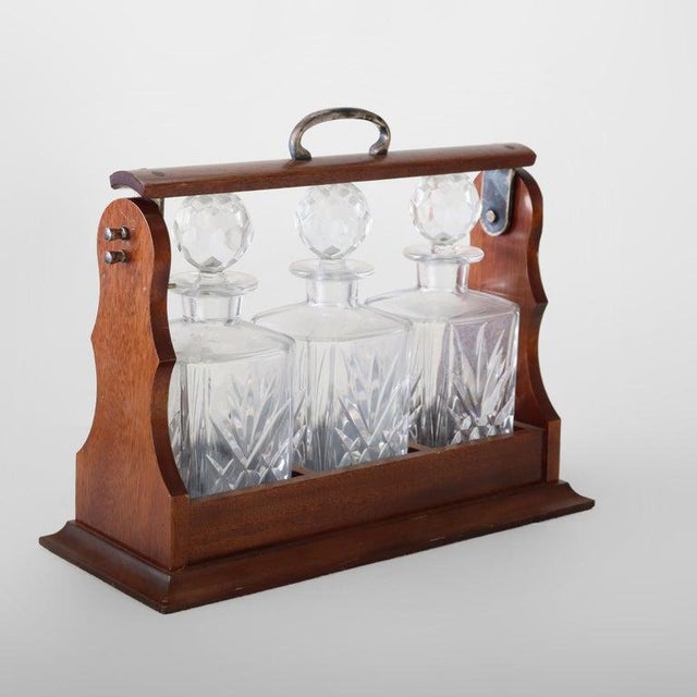 Arts & Crafts Antique Oak Tantalus With 3-Art Glass Spirit Decanters C1920 For Sale - Image 3 of 7