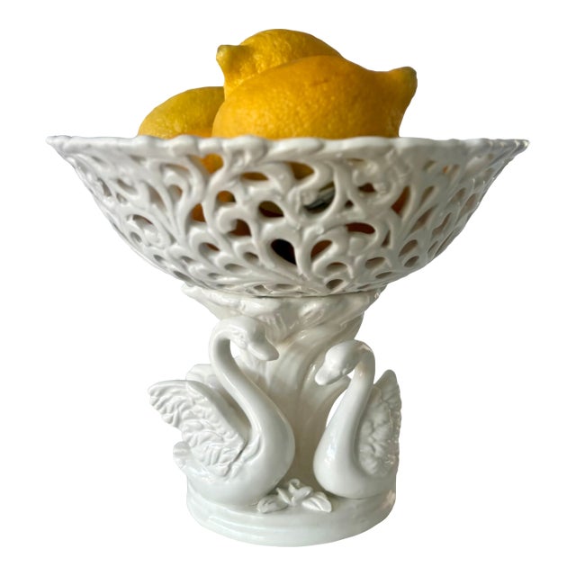 Old Paris Style Reticulated White Ceramic Swan Pedestal Bowl For Sale