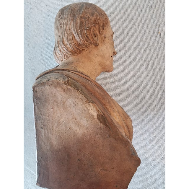 French Late 18th Century Terracotta Bust Sculpture of Voltaire. Note Name Is Cast Backwards. For Sale - Image 3 of 7