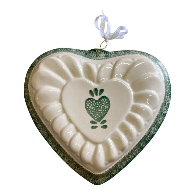 Vintage Ceramic Mold Shaped Heart Spongeware Green For Sale