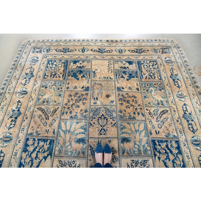 1900s Antique Navy Tan Distressed Indo Kashan Botanical Animal Allover Design Hand-Knotted Wool Low Pile Rug - 9’8“ X 12’ For Sale - Image 4 of 12
