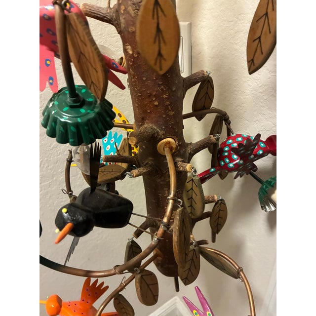 Vintage Folk Art Hummingbird Chandelier Signed Carey Handmade Wood Hanging Light For Sale - Image 4 of 12