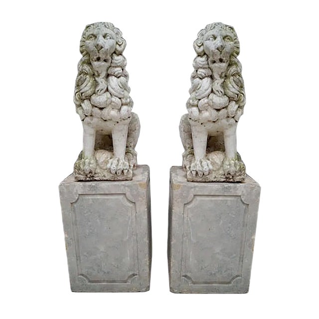 Proud Stone Cast French Sitting Lions, Set of 2 For Sale