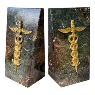 1980s Heavy Medical Caduceus Brown Gray Italian Marble Bookends a Pair For Sale