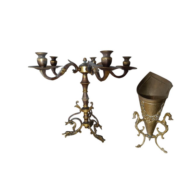 Metal Louis XV Candlestick and Vase, 1920s, Set of 2 For Sale - Image 7 of 11