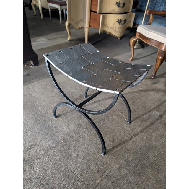 1980s 1980s Contemporary Industrial Metal X-Base Stool / Ottoman With Crocodile-Textured Metal Seat For Sale - Image 5 of 8