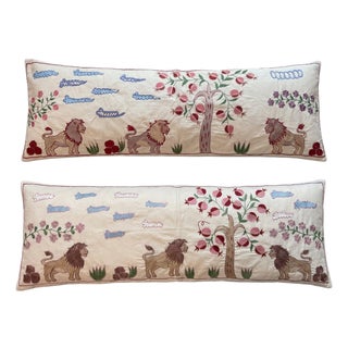Lion Suzani Lumbar Pillow Cover 18'' X 53'' - Set of Two For Sale