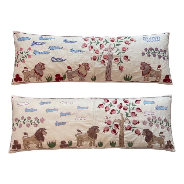 Lion Suzani Lumbar Pillow Cover 18'' X 53'' - Set of Two For Sale