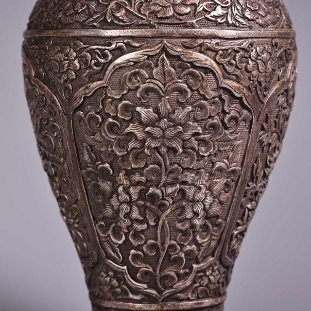 Pair of Vintage Silver-Toned Bronze Vases - Repoussé Floral Motif, Meiping Form For Sale - Image 4 of 9