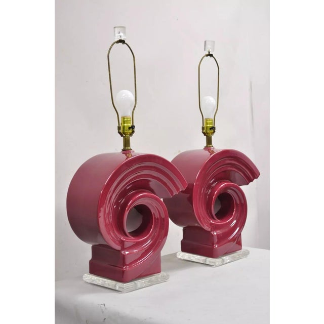 Vintage Postmodern Cranberry Red Sculptural Snail Scroll Ceramic Table Lamp Pair For Sale - Image 4 of 12