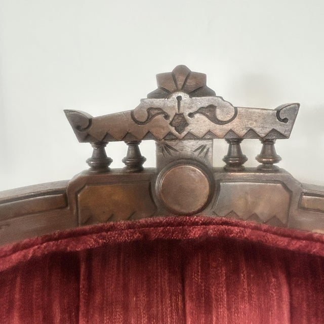 Victorian Antique Victorian-Style Parlor Chair Featuring Rich Red Velvet Tufted Upholstery For Sale - Image 3 of 13