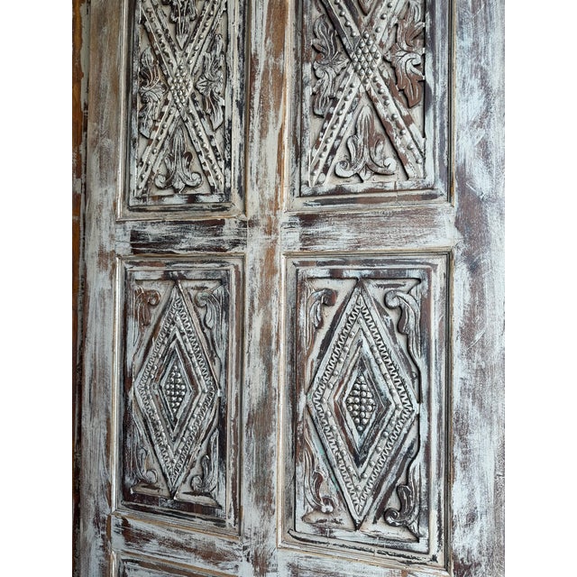 Distressed Hand-Carved Wooden Barn Door With Metal Studs – Vintage Sliding Door Panel 84x36 For Sale - Image 4 of 6