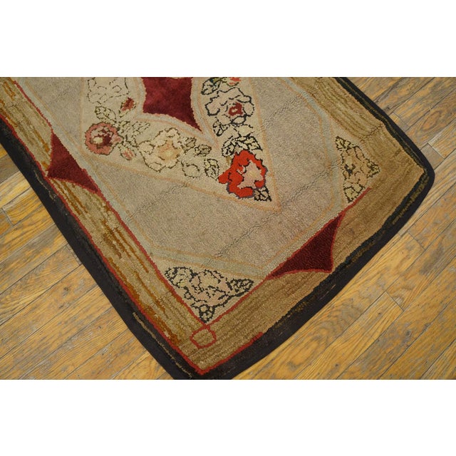 19th Century Inspirational Tan Beige Color With Special Florid and Geometric Design Antique Amercian Hooked Rug For Sale - Image 5 of 9