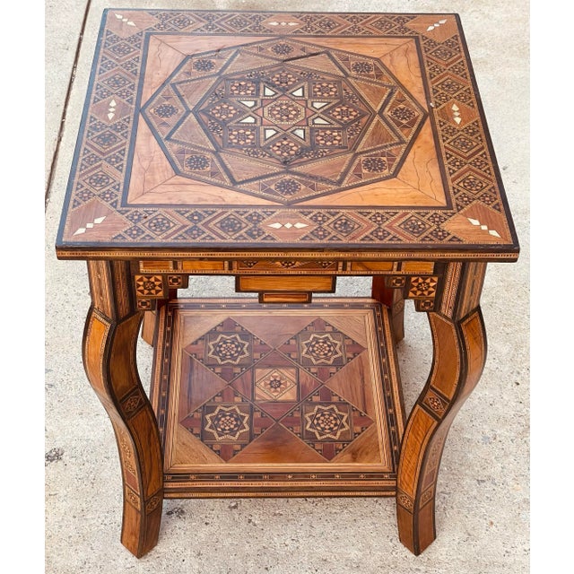 Mid 20th Century Mid 20th Century Moorish Mother of Pearl Wood Marquetry Inlay Occasional Side Square Tea Table For Sale - Image 5 of 12