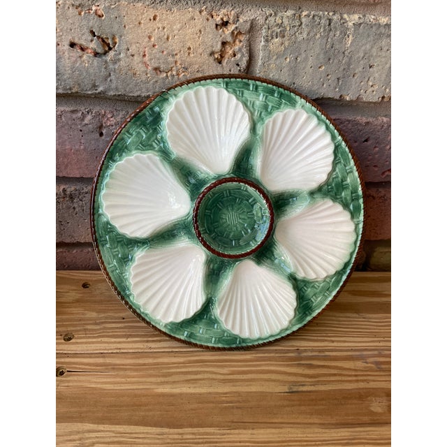 Antique 1920s French Longchamp Majolica Green and White Oyster Plate For Sale - Image 11 of 13
