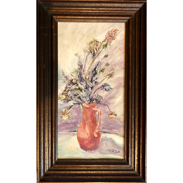 Modern Israeli Expressionist Oil Painting Floral Bouquet Signed in Hebrew Miniature For Sale - Image 3 of 3