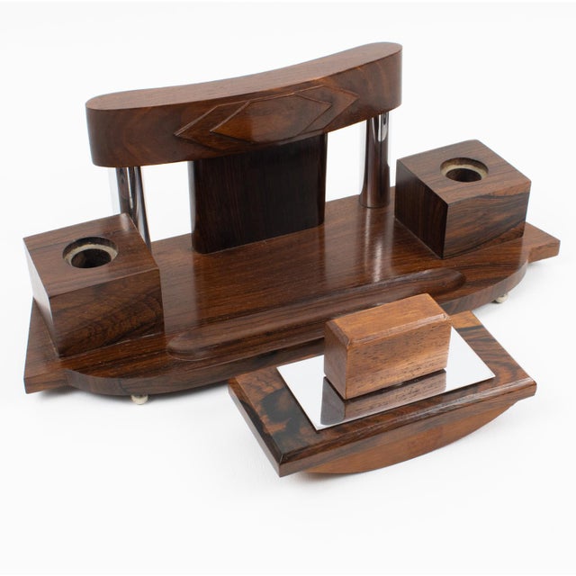 Art Deco Desk Accessory, Macassar Wood and Metal Inkwell and Blotter For Sale - Image 10 of 15