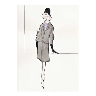 1950s Rare French Fashion Drawing in Gouache With Documentation, Matted For Sale