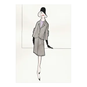 1950s Rare French Fashion Drawing in Gouache With Documentation, Matted