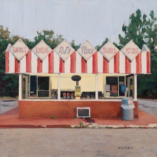 RJ's Place by Stephanie Hartshorn | Oil on wood Painting of a retro diner with a striped awning For Sale
