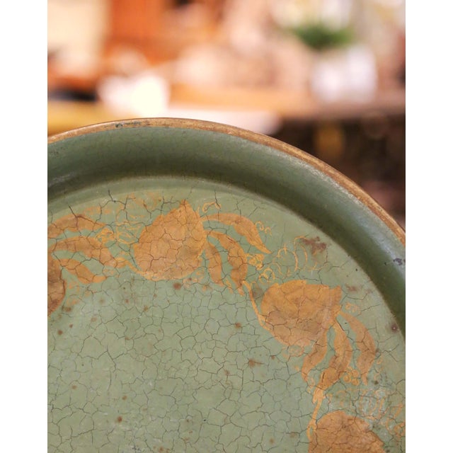 19th Century French Hand-Painted Green Tole Tray With Gilt Foliate Decor For Sale - Image 4 of 6