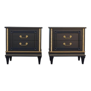 1960s Pair of Mid-Century Black and Gold Walnut Nightstands For Sale