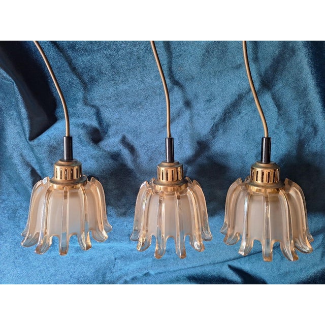 Mid-Century Modern Pendant Lights in Brass and Amber-Colored Frosted Glass from Doria, Set of 3 For Sale - Image 15 of 15