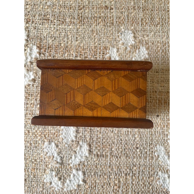 Brown Vintage Wooden Square Wooden Trinket Dresser Box Geometric Parquetry Marquetry For Sale - Image 8 of 9