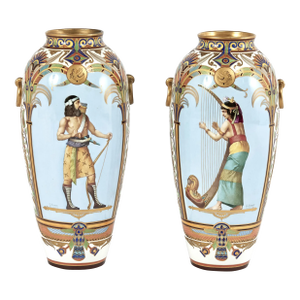 Pair of Antique French Porcelain Egyptian Revival Vases