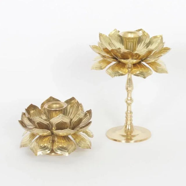 Chinoiserie Brass Lotus Candleholder For Sale - Image 3 of 4