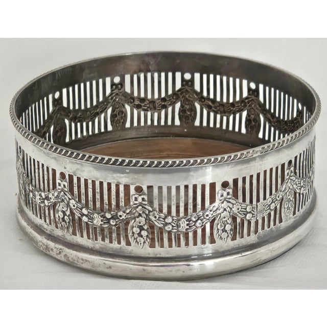 Edwardian Sheffield Silver Plated Fretwork Wine Bottle Coaster With Wood Base, c.1920 For Sale - Image 4 of 8