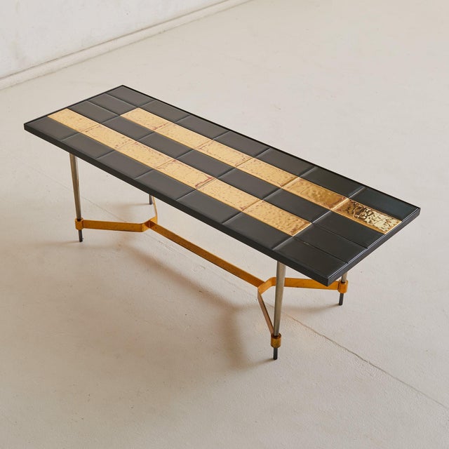 1970s French Gilt + Black Tile-Top Coffee Table with Metal Base, 1970s For Sale - Image 5 of 9
