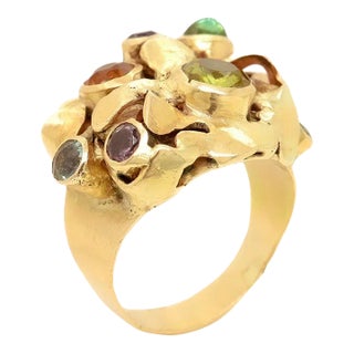 Vintage 1960's Modernist 14k Gold & Multi-Gemstone Cocktail Ring by Resia Schor Size 8.75 For Sale