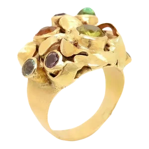 Vintage 1960's Modernist 14k Gold & Multi-Gemstone Cocktail Ring by Resia Schor Size 8.75