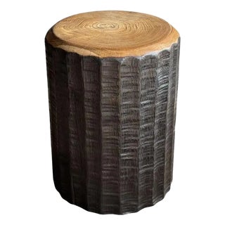 Solid Teak Wood Side Table Stunning Textures, Ribbed Detailing Modern Organic For Sale