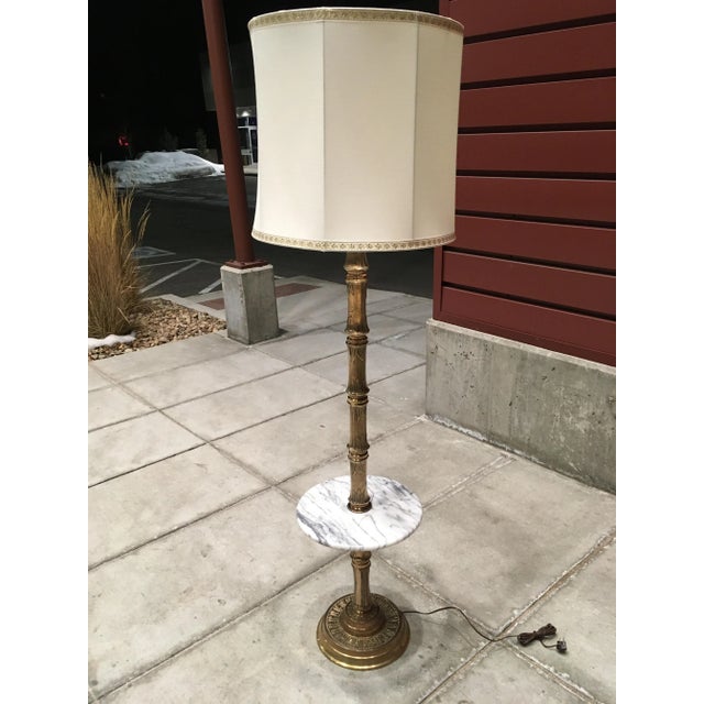 Large Japanese Brass Floor Lamp in Faux Bamboo With Marble Tray Table & Original Barrel Shade For Sale - Image 13 of 13