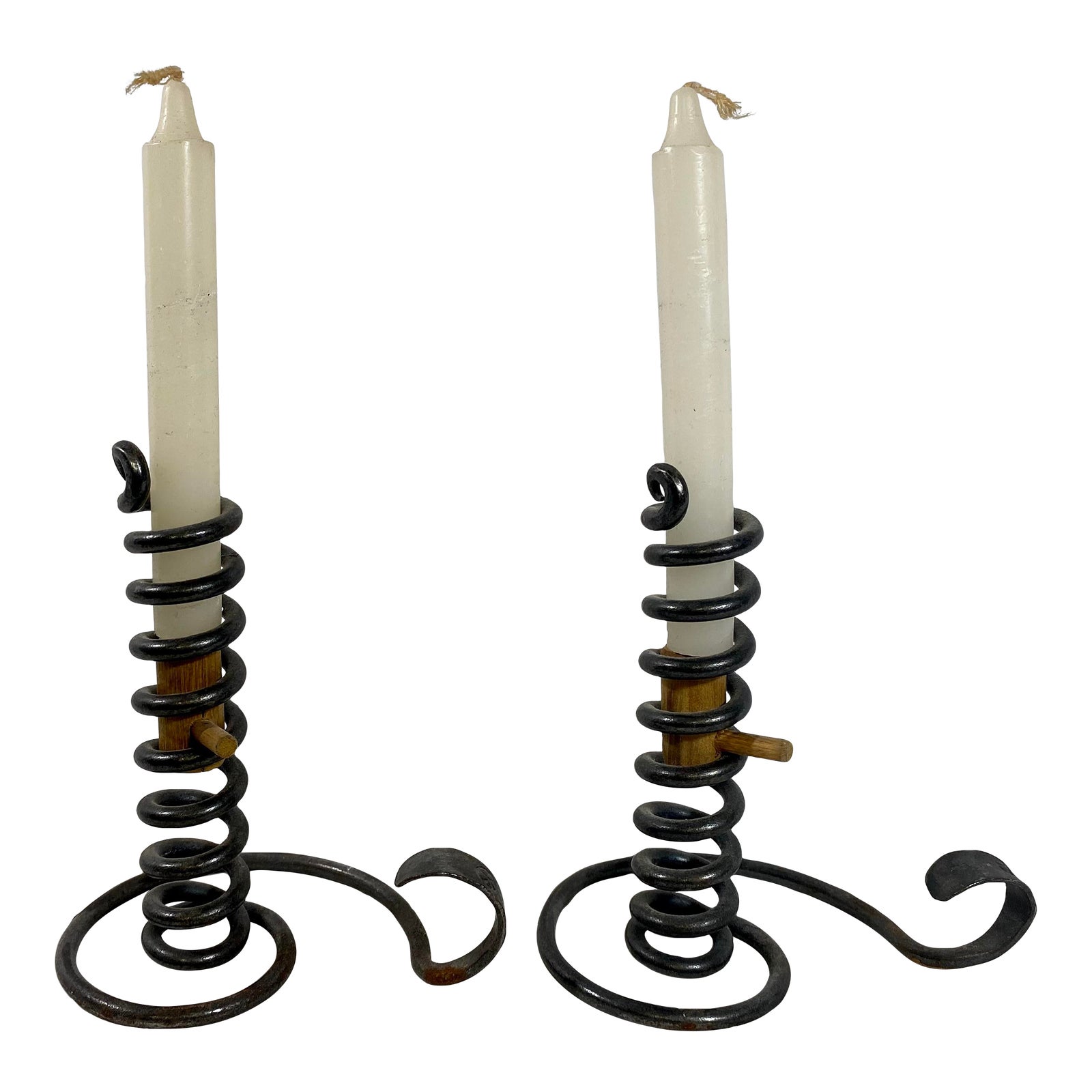 Vintage Pair of Hand Forged Iron Courting Candle Sticks Made in U S A