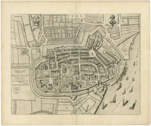 Antique Map of the City of Tiel by Blaeu, 1649