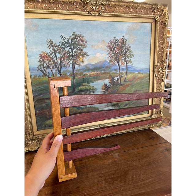 Brown Vintage Wooden Swing-Arm Wall-Mounted Quilt or Towel Rack in Likely Oak and Mahogany. For Sale - Image 8 of 10