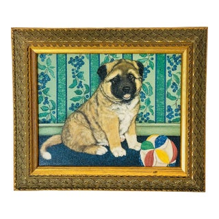 1970s Puppy Dog Portrait in Gold Frame For Sale